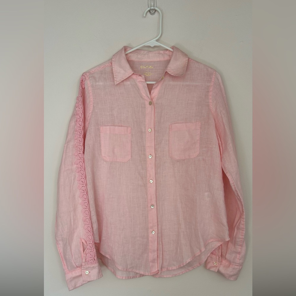 lilly pulitzer 100 Linen top S pink embrodier sleeve barbie core resort wear